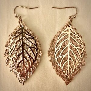 Rose Gold Leaf Overlay Leather Drop Earrings.